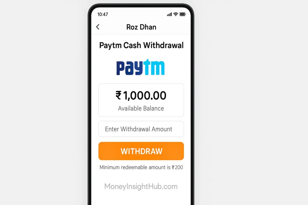 Paytm cash withdrawal option inside Roz Dhan app 2025