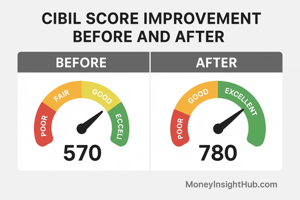 How to Improve CIBIL Score Fast in India 2025 (Step-by-Step Guide) 4 cibil score before after 2025